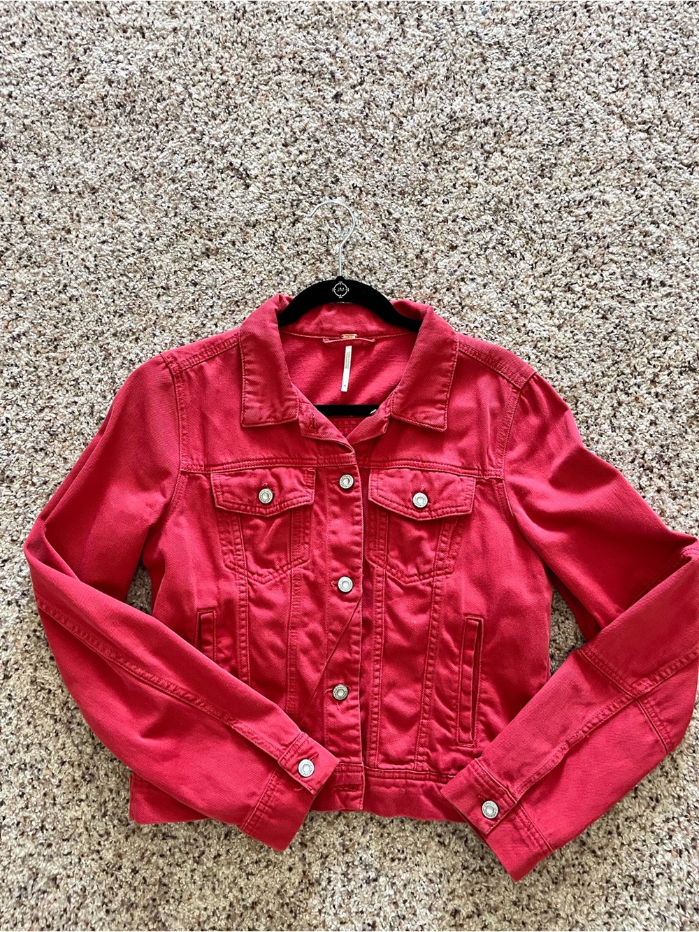 Free People Women's Red Denim Jacket - Classic Button-Up Style
